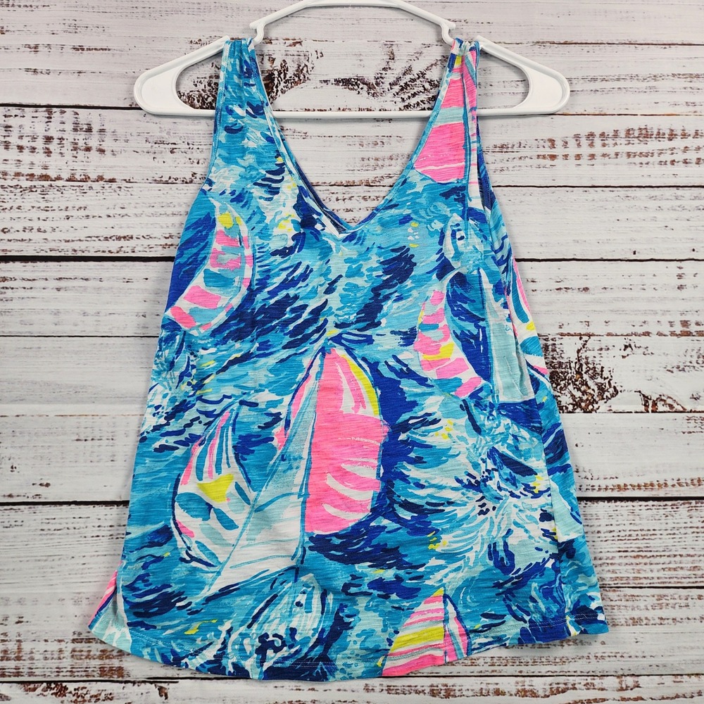 Lilly Pulitzer Gigi Tank Top Womens XXS Hey Bay Bay Sailboat V Neck Blue Pink